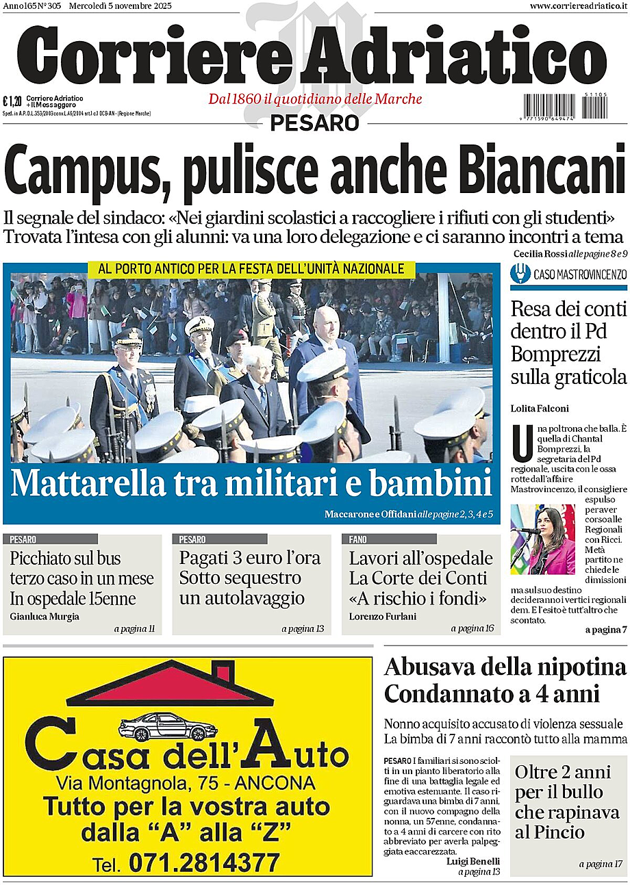 Prima pagina Corriere Adriatico (Pesaro) di oggi - Edicola 5 Novembre 2025