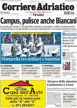 Prima pagina Corriere Adriatico (Pesaro) di oggi - Quotidiano regionale