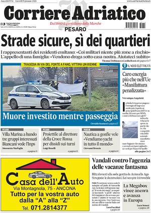 Prima pagina Corriere Adriatico (Pesaro) di oggi - Quotidiano regionale