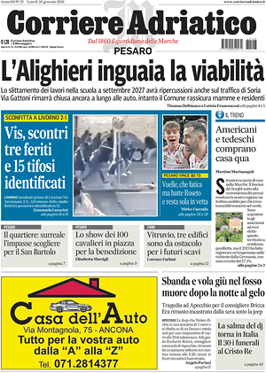 Prima pagina Corriere Adriatico (Pesaro) di oggi - Quotidiano regionale