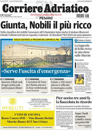 Prima pagina Corriere Adriatico (Pesaro) di oggi - Quotidiano regionale