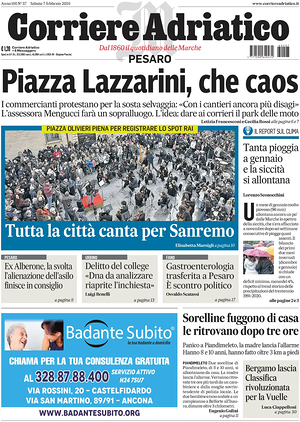 Prima pagina Corriere Adriatico (Pesaro) di oggi - Quotidiano regionale
