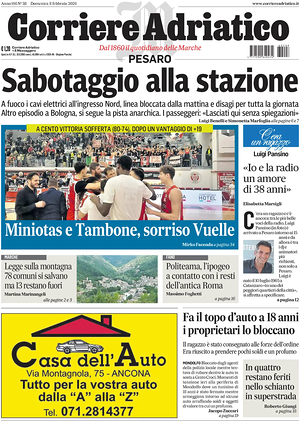 Prima pagina Corriere Adriatico (Pesaro) di oggi - Quotidiano regionale