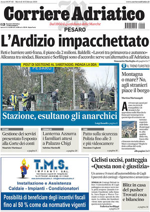 Prima pagina Corriere Adriatico (Pesaro) di oggi - Quotidiano regionale