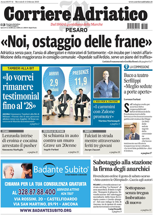Prima pagina Corriere Adriatico (Pesaro) di oggi - Quotidiano regionale