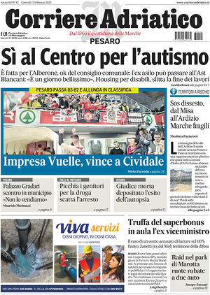 Prima pagina Corriere Adriatico (Pesaro) di oggi - Quotidiano regionale
