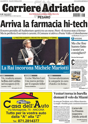 Prima pagina Corriere Adriatico (Pesaro) di oggi - Quotidiano regionale