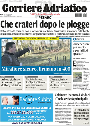 Prima pagina Corriere Adriatico (Pesaro) di oggi - Quotidiano regionale