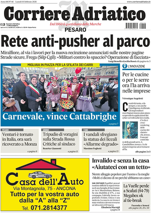 Prima pagina Corriere Adriatico (Pesaro) di oggi - Quotidiano regionale