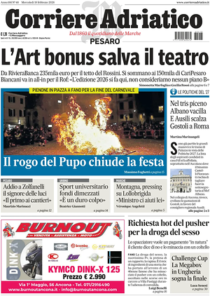 Prima pagina Corriere Adriatico (Pesaro) di oggi - Quotidiano regionale