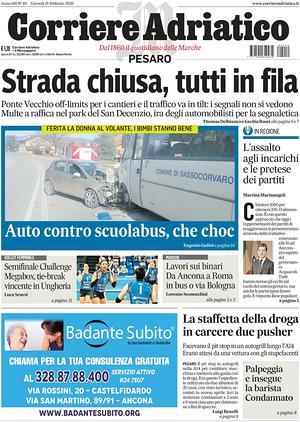 Prima pagina Corriere Adriatico (Pesaro) di oggi - Quotidiano regionale