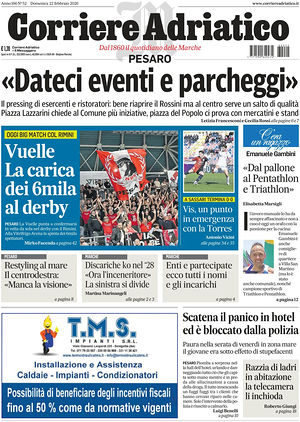 Prima pagina Corriere Adriatico (Pesaro) di oggi - Quotidiano regionale