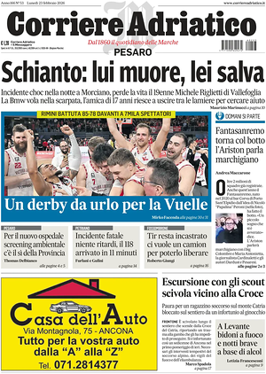 Prima pagina Corriere Adriatico (Pesaro) di oggi - Quotidiano regionale