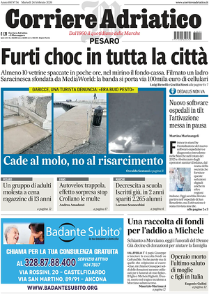 Prima pagina Corriere Adriatico (Pesaro) di oggi - Quotidiano regionale