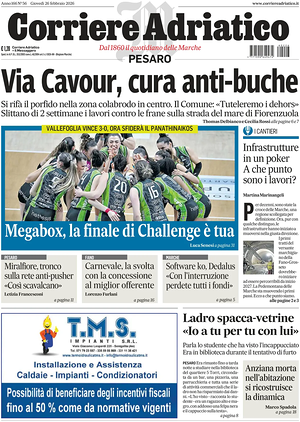 Prima pagina Corriere Adriatico (Pesaro) di oggi - Quotidiano regionale