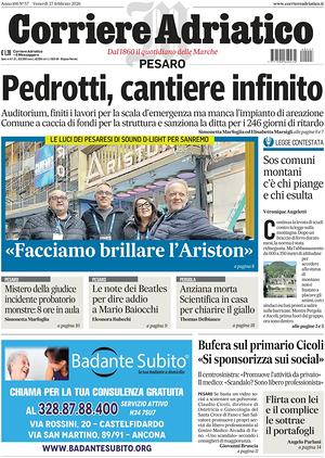 Prima pagina Corriere Adriatico (Pesaro) di oggi - Quotidiano regionale