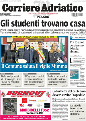 Prima pagina Corriere Adriatico (Pesaro) di oggi - Quotidiano regionale