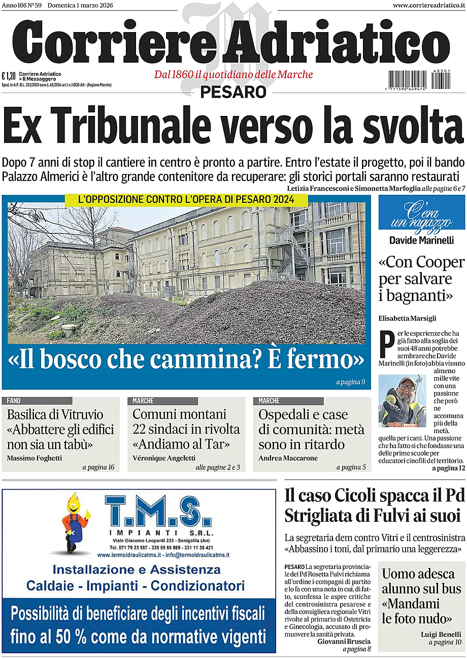 Prima pagina Corriere Adriatico (Pesaro) di oggi - Edicola 1 Marzo 2026