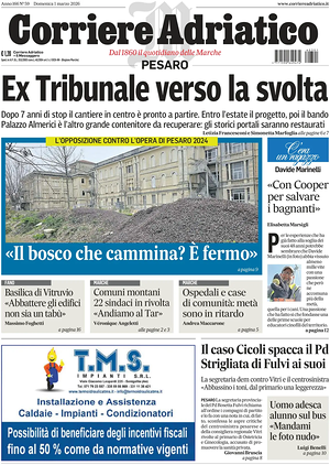 Prima pagina Corriere Adriatico (Pesaro) di oggi - Quotidiano regionale