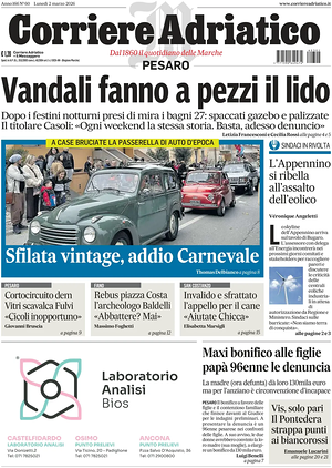 Prima pagina Corriere Adriatico (Pesaro) di oggi - Quotidiano regionale