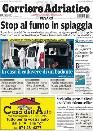 Prima pagina Corriere Adriatico (Pesaro) di oggi - Quotidiano regionale