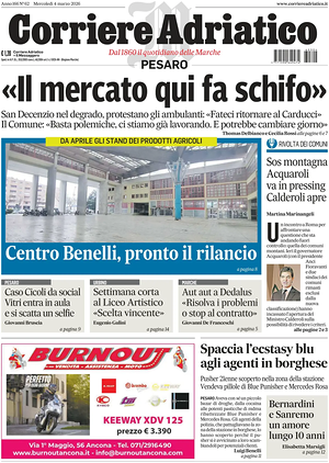 Prima pagina Corriere Adriatico (Pesaro) di oggi - Quotidiano regionale