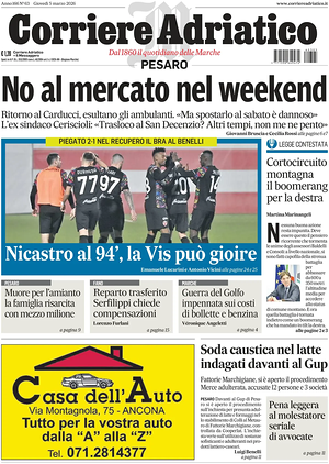 Prima pagina Corriere Adriatico (Pesaro) di oggi - Quotidiano regionale