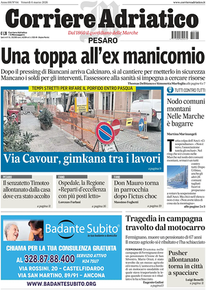 Prima pagina Corriere Adriatico (Pesaro) di oggi - Quotidiano regionale