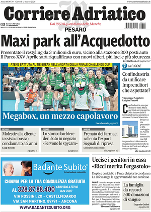 Prima pagina Corriere Adriatico (Pesaro) di oggi - Quotidiano regionale