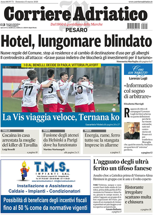 Prima pagina Corriere Adriatico (Pesaro) di oggi - Quotidiano regionale