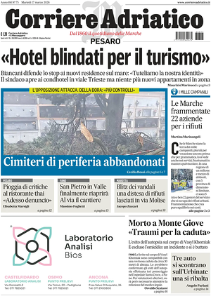 Prima pagina Corriere Adriatico (Pesaro) di oggi - Quotidiano regionale