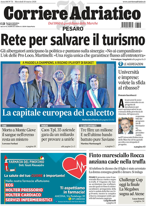 Prima pagina Corriere Adriatico (Pesaro) di oggi - Quotidiano regionale