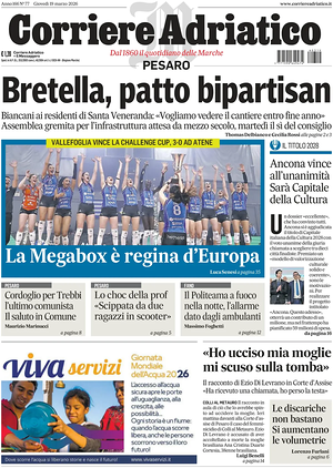 Prima pagina Corriere Adriatico (Pesaro) di oggi - Quotidiano regionale