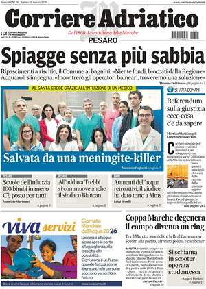 Prima pagina Corriere Adriatico (Pesaro) di oggi - Quotidiano regionale