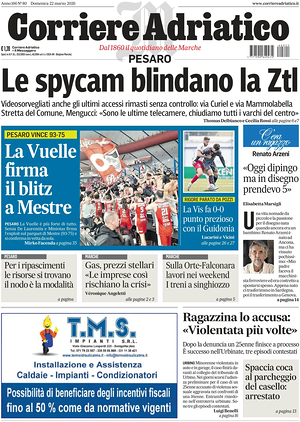 Prima pagina Corriere Adriatico (Pesaro) di oggi - Quotidiano regionale