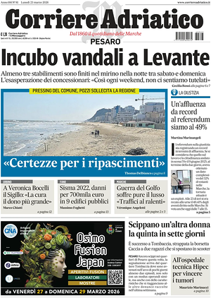 Prima pagina Corriere Adriatico (Pesaro) di oggi - Quotidiano regionale
