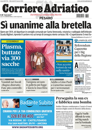 Prima pagina Corriere Adriatico (Pesaro) di oggi - Quotidiano regionale