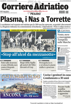 Prima pagina Corriere Adriatico (Pesaro) di oggi - Quotidiano regionale