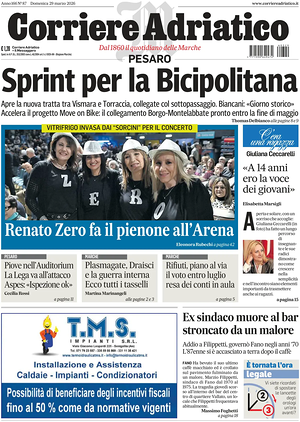 Prima pagina Corriere Adriatico (Pesaro) di oggi - Quotidiano regionale
