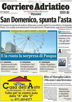 Prima pagina Corriere Adriatico (Pesaro) di oggi - Quotidiano regionale