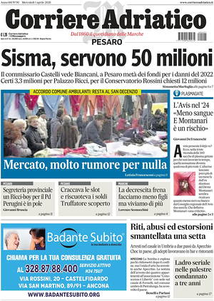 Prima pagina Corriere Adriatico (Pesaro) di oggi - Quotidiano regionale