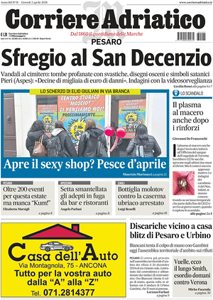 Prima pagina Corriere Adriatico (Pesaro) di oggi - Quotidiano regionale