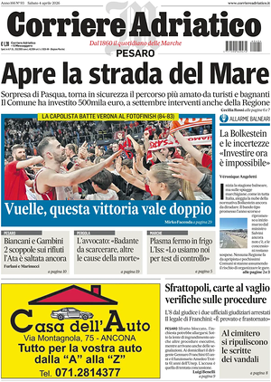 Prima pagina Corriere Adriatico (Pesaro) di oggi - Quotidiano regionale