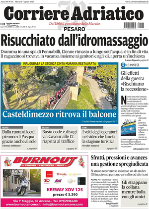 Prima pagina Corriere Adriatico (Pesaro) di oggi - Quotidiano regionale