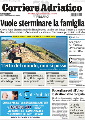Prima pagina Corriere Adriatico (Pesaro) di oggi - Quotidiano regionale