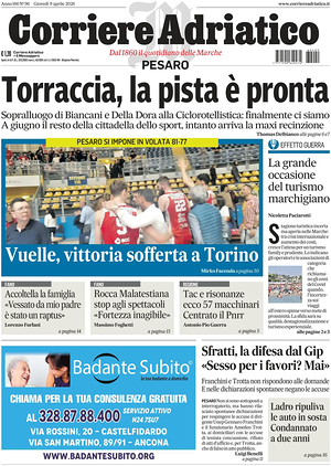 Prima pagina Corriere Adriatico (Pesaro) di oggi - Quotidiano regionale