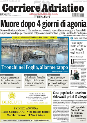Prima pagina Corriere Adriatico (Pesaro) di oggi - Quotidiano regionale