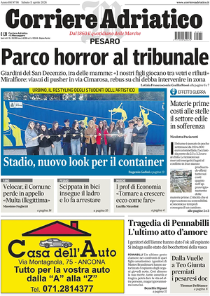 Prima pagina Corriere Adriatico (Pesaro) di oggi - Quotidiano regionale