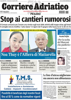 Prima pagina Corriere Adriatico (Pesaro) di oggi - Quotidiano regionale