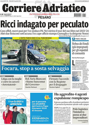 Prima pagina Corriere Adriatico (Pesaro) di oggi - Quotidiano regionale